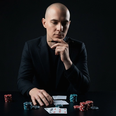Person thoughtfully strategizing about casino bonuses with chips and cards on a table